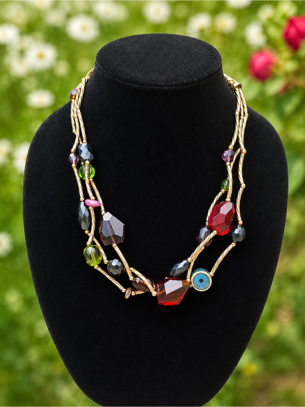 Gold Tone Multi Strand Colorful Glass Bead Wearable Art Statement Necklace